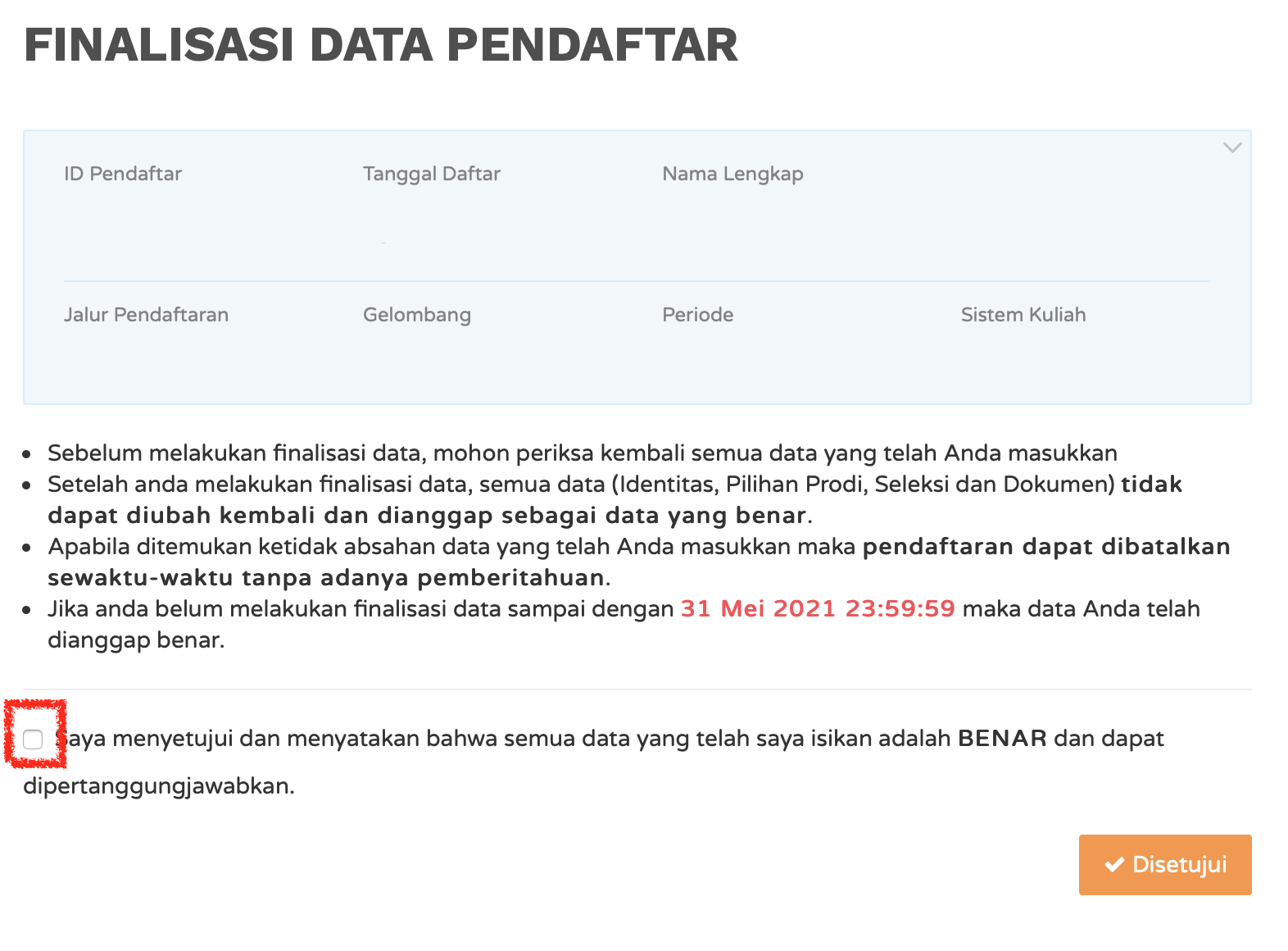 Finalisasi Data Peserta Calon Mahasiswa Baru